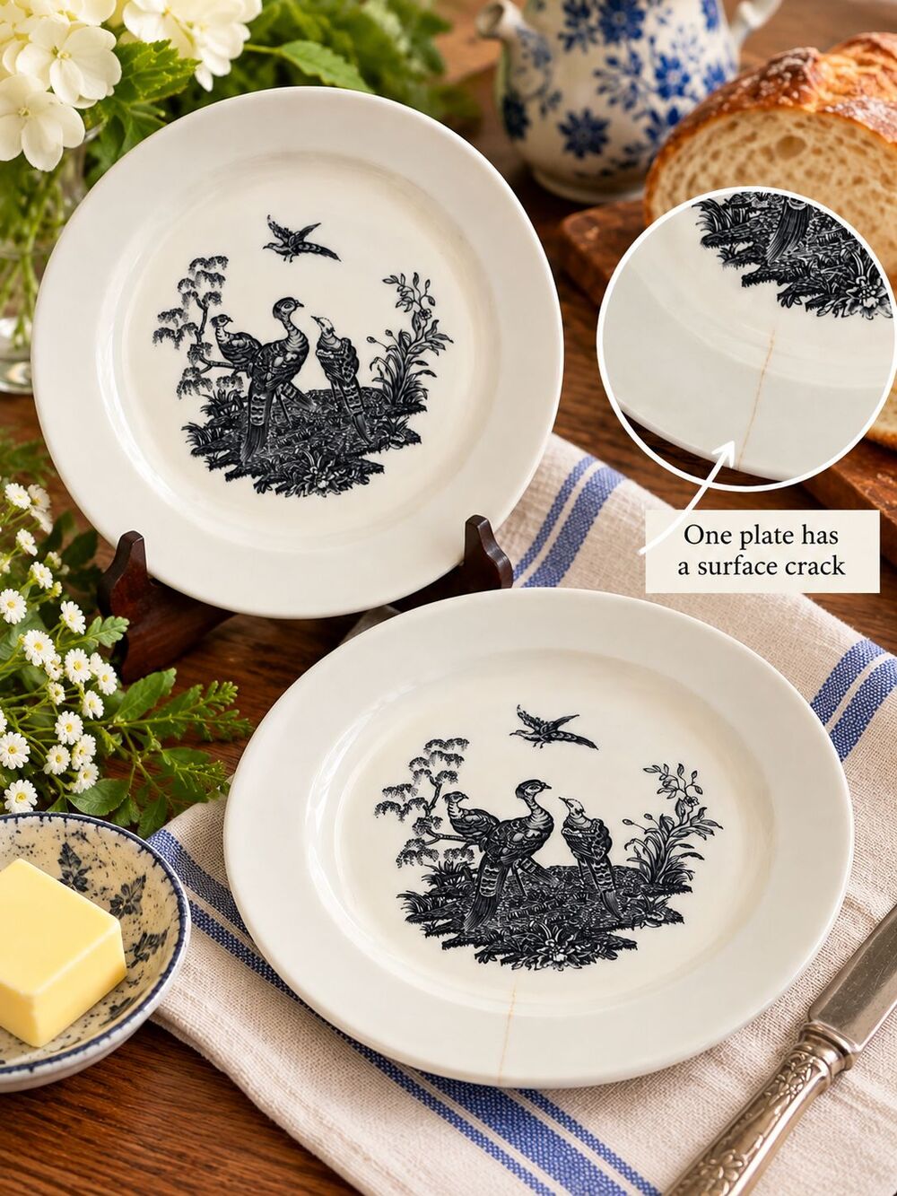 Vintage Wedgwood Liverpool Birds Bread Butter Plates Set of 2 Black Transferware